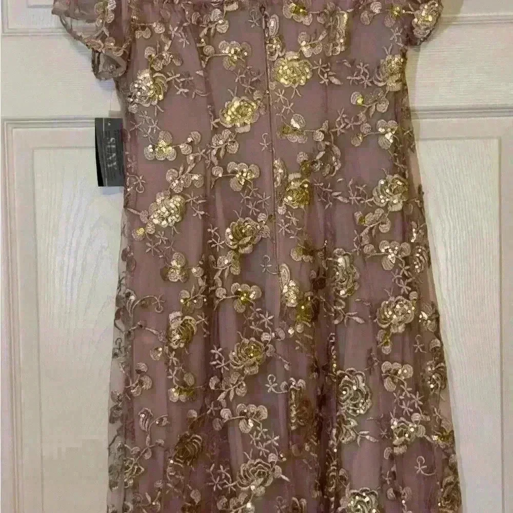 SLNY Women Tea Length Cap Sleeve Illusion Neckline Embroidered Lace Dress NWT - Picture 5 of 7